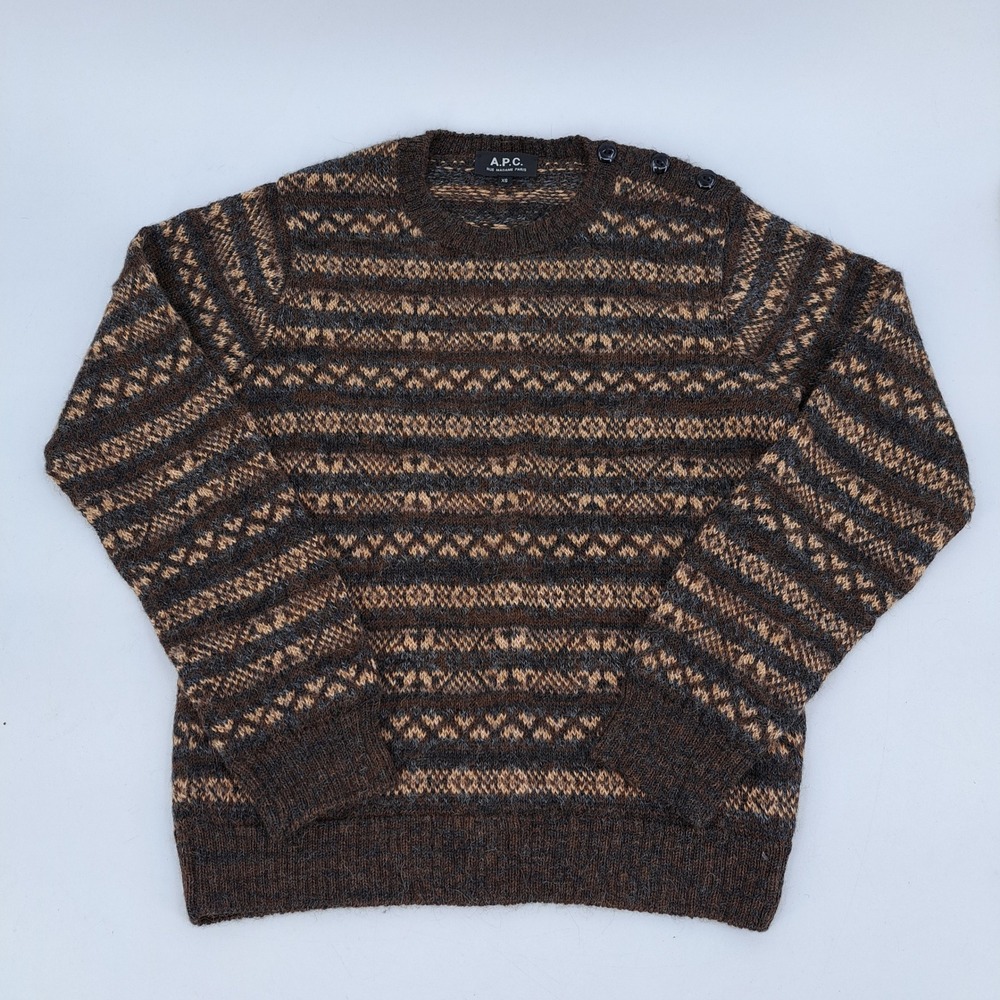 A.P.C. Alpaca Wool Sweater Women XS Brown Geometric Fair Isle Shoulder Buttons